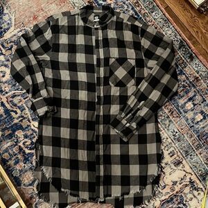NSF Distressed Check Plaid Button Up Elongated Flannel Shirt